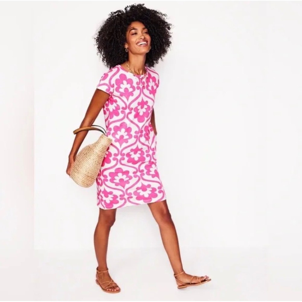 Boden T-Shirt Dress Womens 4R Pink White Floral Damask Cotton Slub Mini Pockets